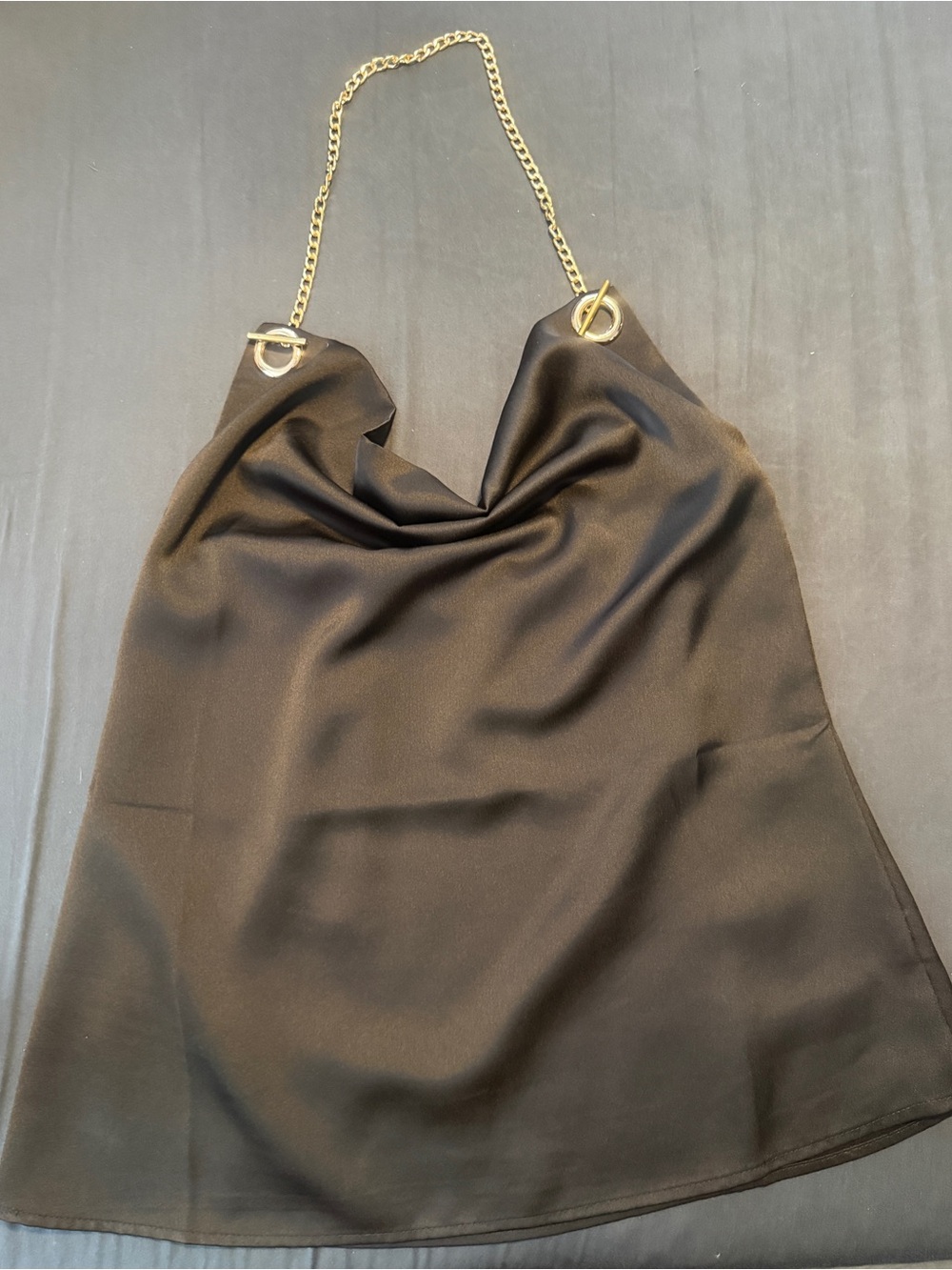 Chain Strap Cowl Neck Satin Tank Top - Black